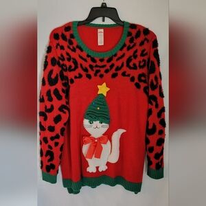 Holiday Time  Womens "Meowy" Christmas Sweater w/White Cat Size 2XL